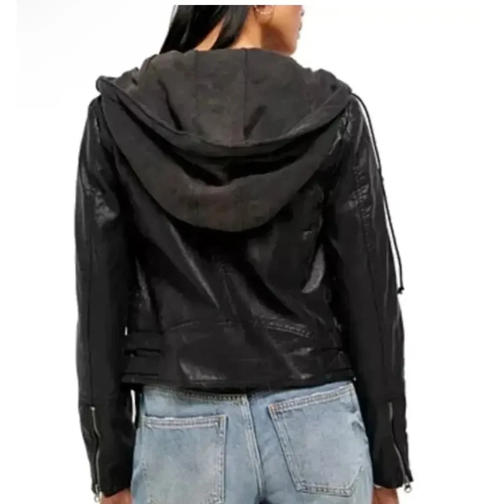 Free People Cleo Vegan Leather Moto Hooded Jacket‎ Black Size 8